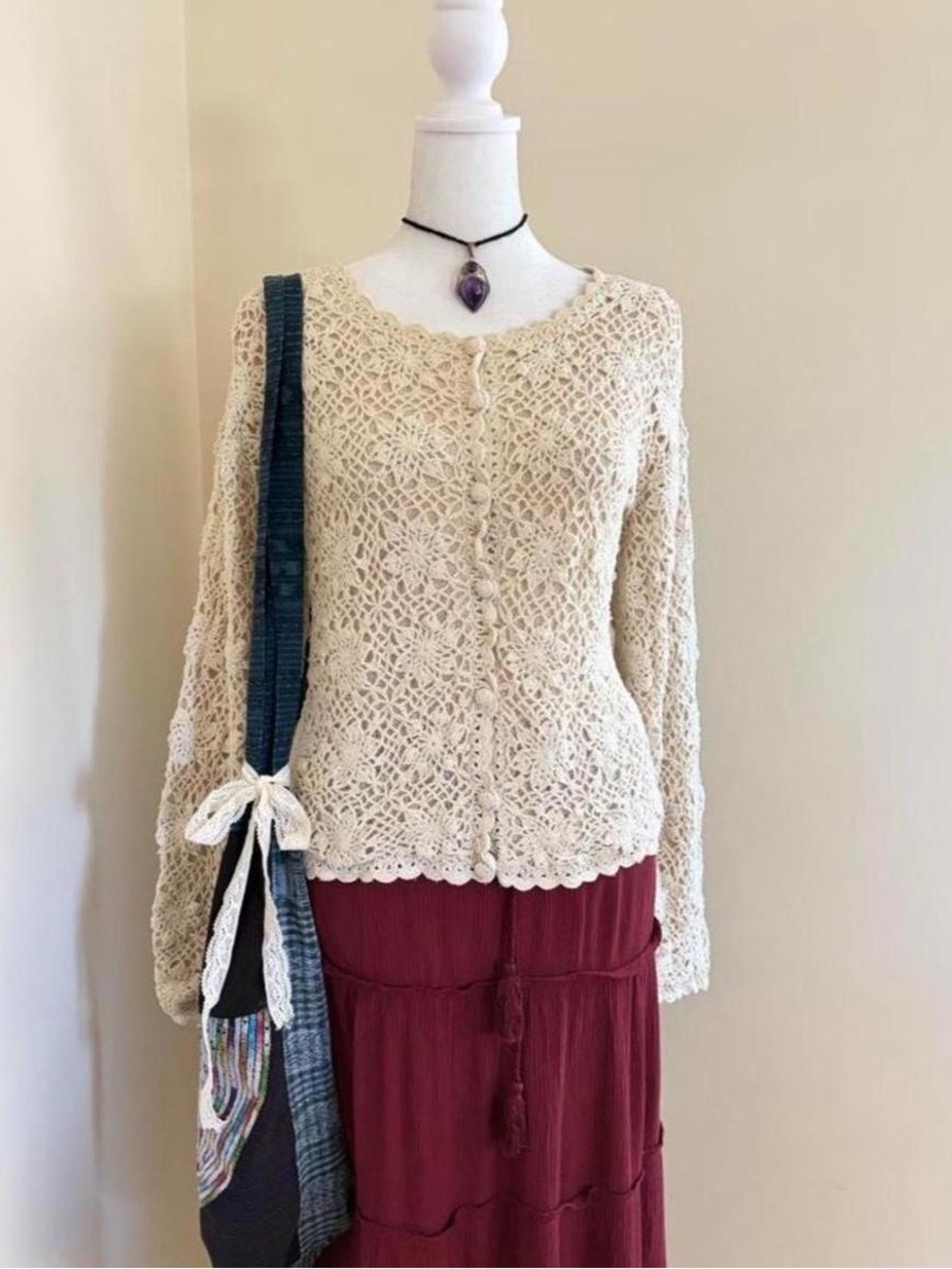 Vintage 90s silk crochet lace floral embroidered cardigan sweater cream boho L